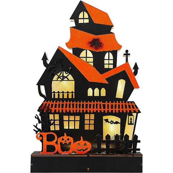 Halloween Tabletop Decoration, Wooden Lighted Boo Haunted House - Picture 1 of 8